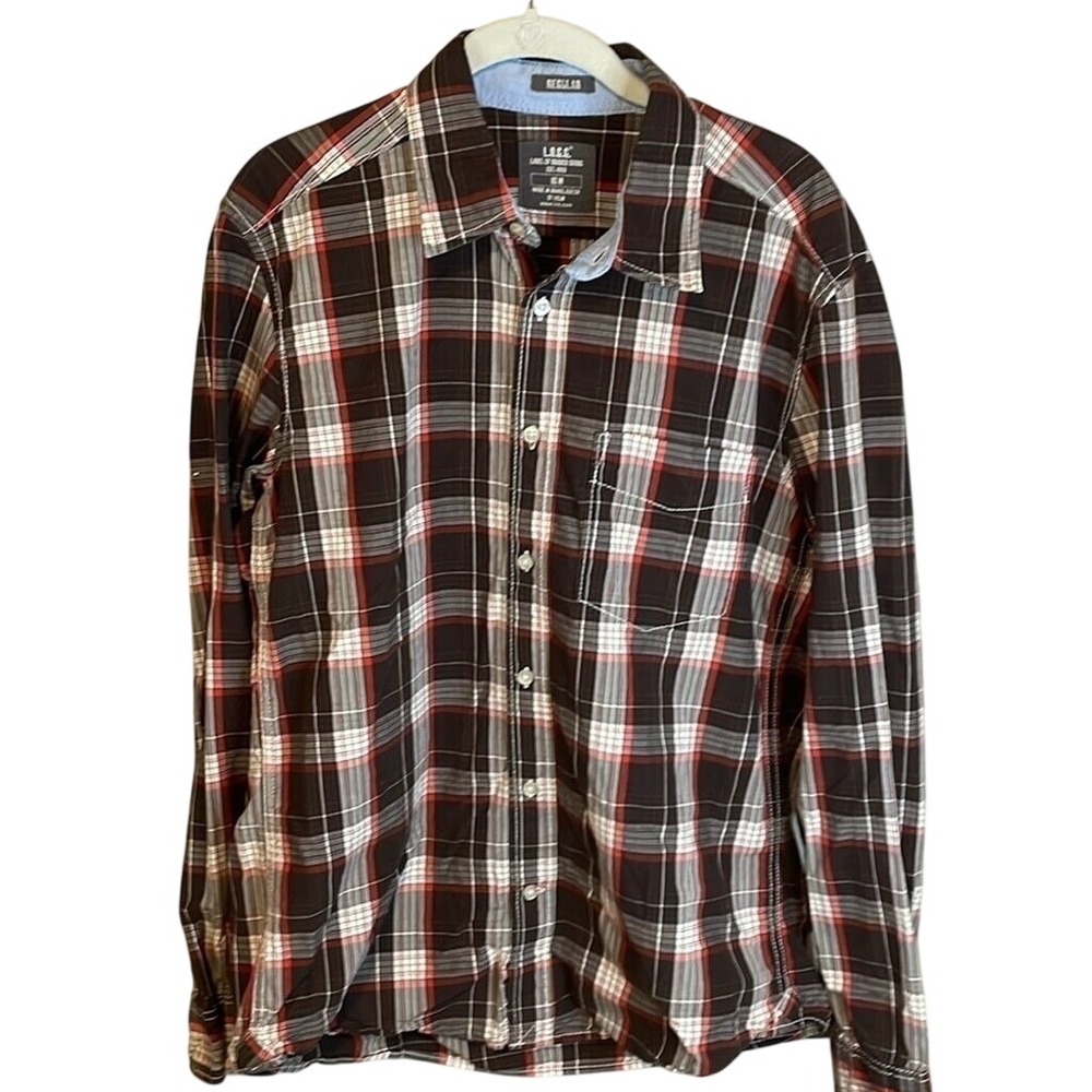 LOGG HM Mens Regular‎ Fit Plaid Button Down Shirt Brown Red White Medium